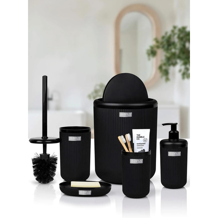 5-ти предметний набір аксесуарів для ванної кімнати чорний круглий – Розкішний сучасний набір: тримач для зубних щіток, стакан, йоржик для унітазу, мильниця та відро