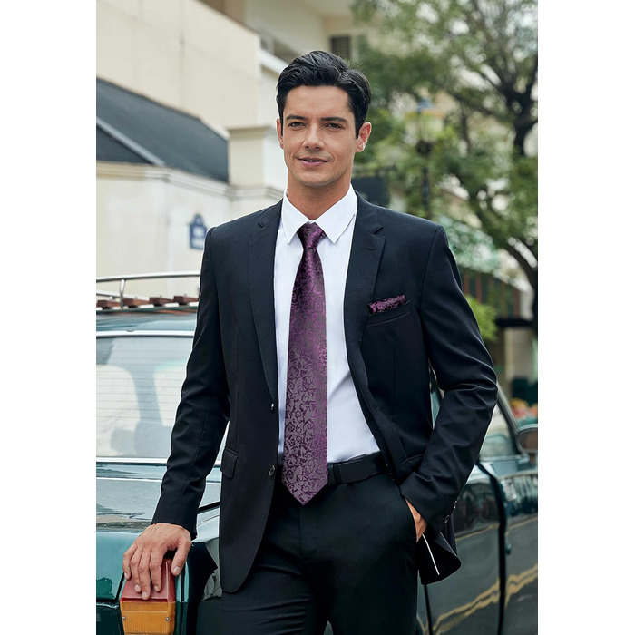 Кравка для чоловіків HISDERN: весільний комплект з краваткою та нагрудною хустинкою в павловій візерунку (фіолетовий)