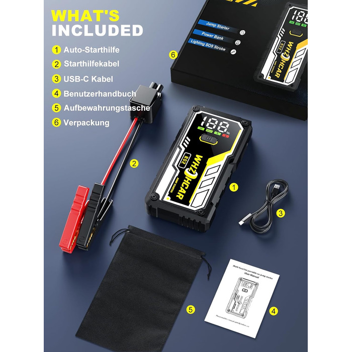 Powerbank для автомобіля 8000A 12V – Пусковий пристрій, бустер для акумулятора, зарядний пристрій для бензинових та дизельних авто (до 10л) з LCD дисплеєм, LED ліхтарем та кабелями для підключення (чорний)