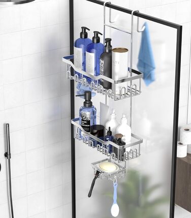 ZUIMENG Shower Shelf, 3 Tier Shower Caddy, No Drilling Shower Shelf, Bathroom Shelf Shower Basket Hanging, Shampoo Holder Shower Hanging Shelf for Glass Door Shower Wall with Soap Dish and Hooks (Silver)