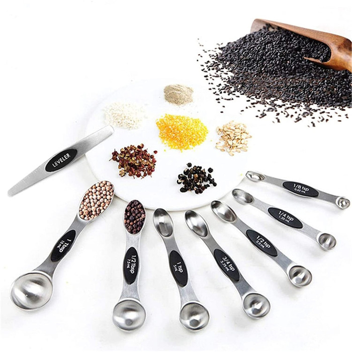 Measuring spoons, stainless steel, double-head measuring spoons, 8-piece set, spice scale, measuring spoons, measuring cups, scraper, baking tool (black, one size) (black, one size)