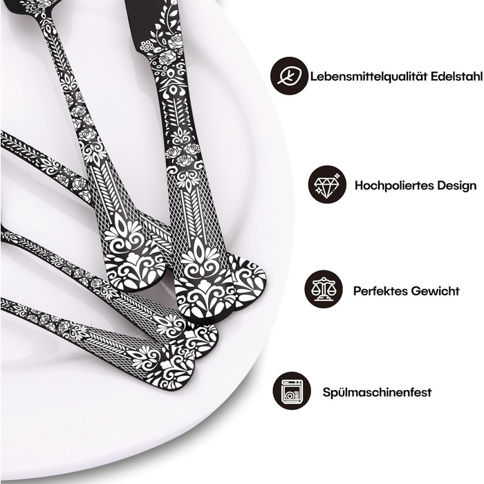 Black Cutlery Set for 6 People, HONKKU 36-Piece Stainless Steel Cutlery Set with Steak Knives, Eating Utensil Set Mirror Polished with Floral Patterns, Fork Spoon Knife Set Dishwasher Safe