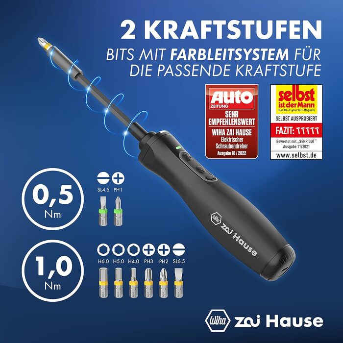 Електричний акумуляторний шуруповерт Wiha Zai Hause 3.6V Li-Ion з 8 біт, преміум якість, регулювання крутного моменту, LED-підсвічуванням та USB-C кабелем