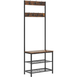 WOLTU Coat Rack Clothes Rail Laundry Rack Shoe Rack with Seat, with 7 Hooks, Made of Wood and Steel, Hanging Shelf, Black Vintage (Black + Rustic Brown)