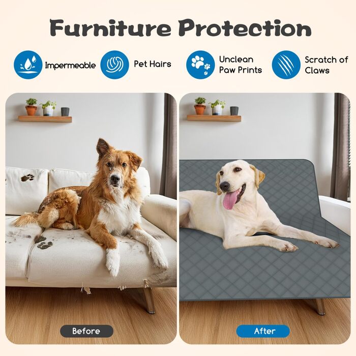 Водонепроникний килимок для собак Nobleza: захист диванів та ліжок, 178x76 см, сірий