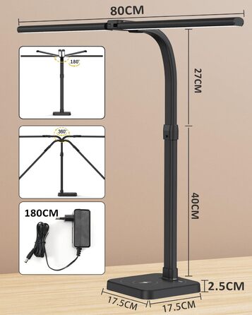 Tantu Adjustable LED Desk Lamp with Dual Heads - 24W, 80cm, 5 Color & 5 Brightness Levels, Gooseneck & Base - Black Office Lamp