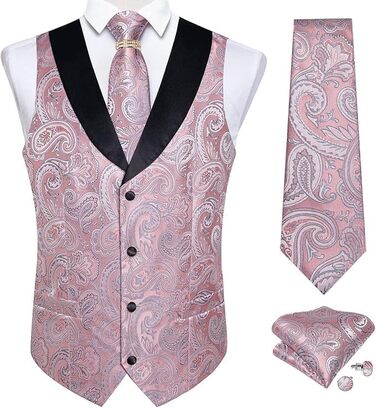 Костюмний жилет DiBanGu (5 шт.): жилет, краватка, нагрудна хустинка, запонки, кільце для краватки. Зелений/Чорний (M, Рожевий)