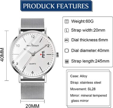 Годинник на зап'ясті Unendlich для чоловіків: ультратонкий, водонепроникний, кварцовий, з мінімалістичним цифровим дисплеєм, з цифровим календарем, для бізнесу та повсякденного носіння, з нержавіючою сталею (Silver-b)