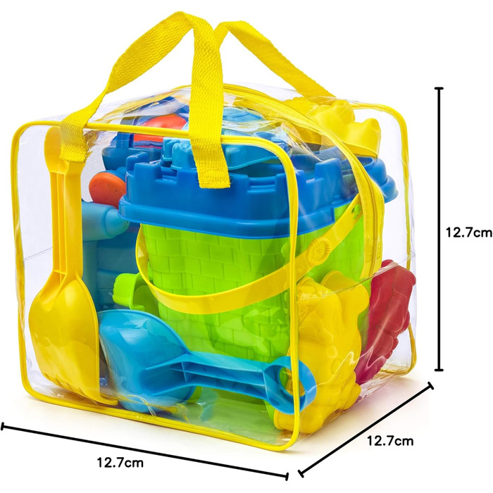 Prextex 12-Piece Beach and Sand Toy Set in Reusable Zippered Bag - Bucket with Sieve, Shovel, Rake, Watering Can, Sand Molds for Animals and Castles, 25.4 x 17.8 cm