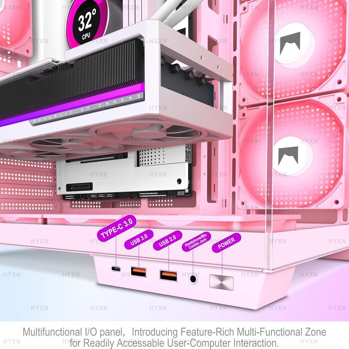 Корпус ПК ATX HYXN з 7 вентиляторами PWM ARGB, Mid Tower, Dual Chamber, Type-C, підтримка 3x360 мм кулерів (білий, рожевий)