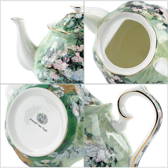 Порцелянова чайник з кістяної порцеляни 1 л Vintage Floral, біла троянда, для чаю та кави, подарунок для чайної вечірки