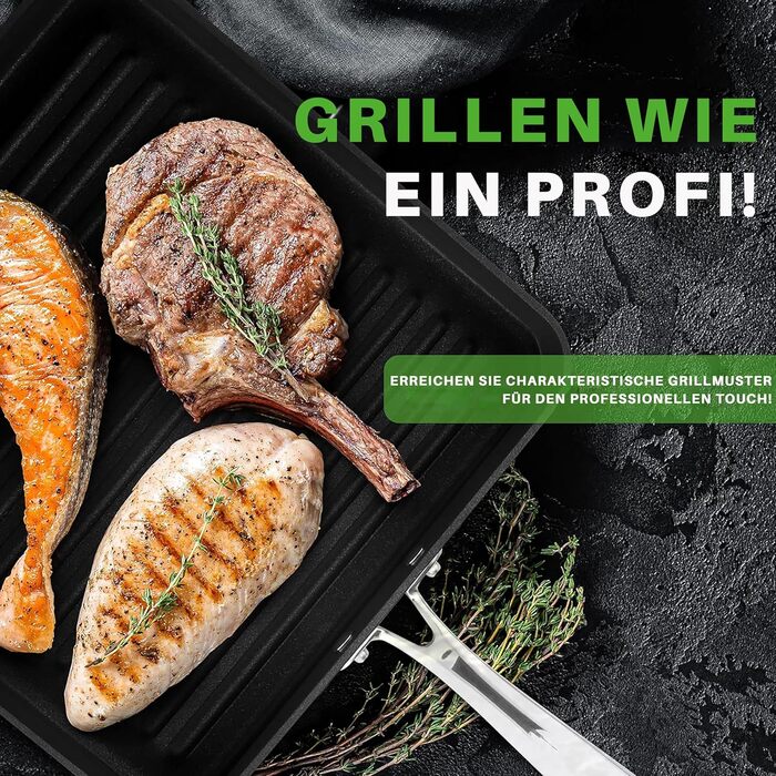 Гриль-сковорода NutriChef 28 см, квадратна, чавунна, антипригарна, для всіх плит, з високими рифленнями, жаростійка, міцні ручки