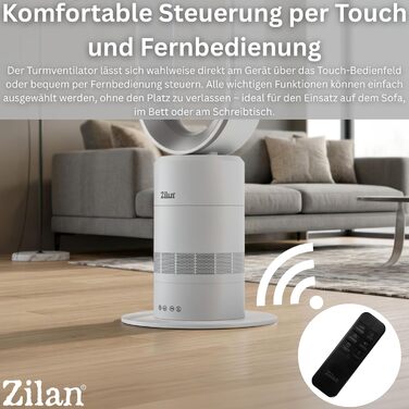 Вентилятор Zilan Turmventilator з пультом дистанційного керування BLDC – енергоефективний, 10 швидкостей/режимів, 900 м³/год, з коливанням, таймером та сенсорним дисплеєм