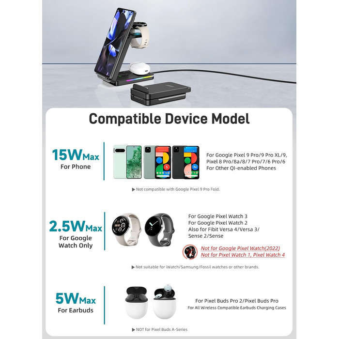 Зарядна станція індуктивна 3-в-1 для Google Pixel Watch 3/2, Pixel 10/9/9 Pro/8/8a/7 та Pixel Buds Pro 2 (складна, бездротова)