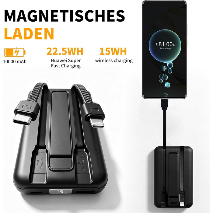 Магнітний Power Bank для MagSafe 10000mAh, бездротова швидка зарядка PD 22.5W, 3 порти та 2 кабелі, LED-дисплей, сумісний з iPhone 17/16/15/14/13/12 серії (Чорний)
