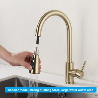 Кухонний змішувач з висувною лійкою, 3 режими струменя, поворотний на 360°, високого тиску, для кухні, матовий золотий