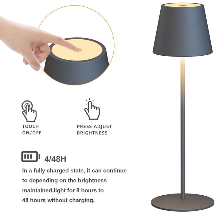 Бездротова LED-лампа MALUX з диммуванням та 8 кольорами, RGB, металева, акумуляторна, IP54, для дому та саду, сіра