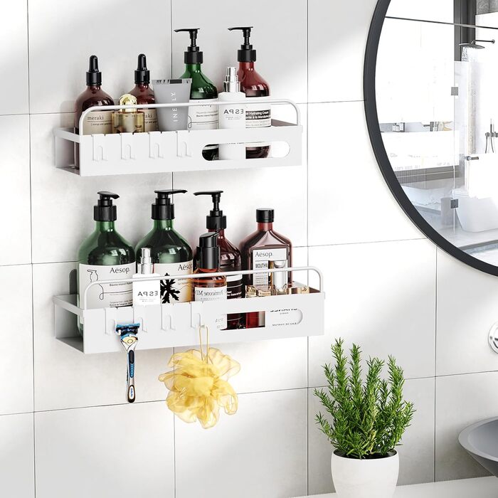 Полка для душу Uamector без свердління - Дзеркальна полиця для ванної кімнати, нержавіюча сталь, 2 шт. (3 шт. залізні пластини, білий)