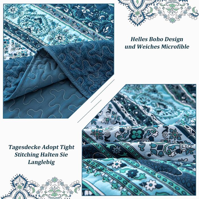 WONGS BEDDING Bedspread 220x240 Bed Cover Bohemian Quilt Steppdecke 3-Piece Double Bed Quilted Bedspread Microfiber Throw Blanket with 2 Pillowcases 50x70 for Bedroom as Sofa Cover (Bohemian) (200x220 cm, Dark Blue)