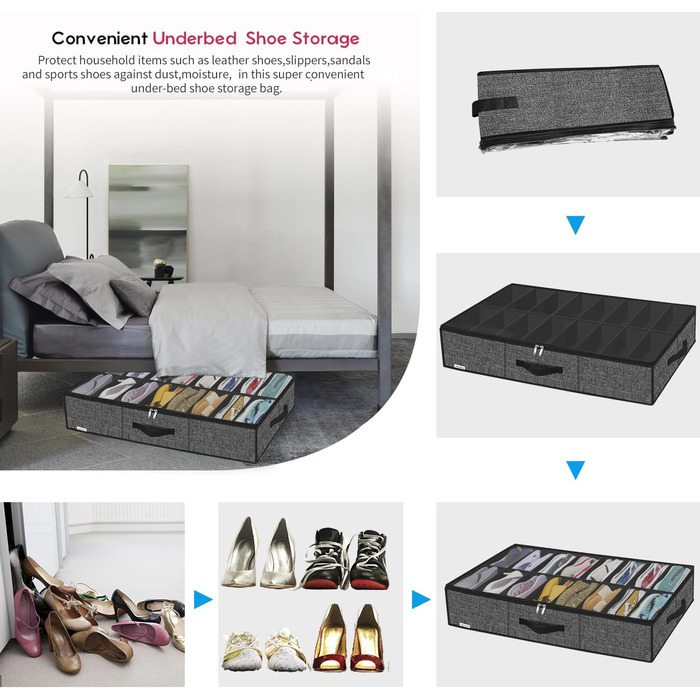 Організатор для взуття Homyfort 2 шт. з прозорим кришкою - коробка для взуття з 14+4 відділеннями, сіра, льон, XDUBS14S4 (Чорний, XXL)