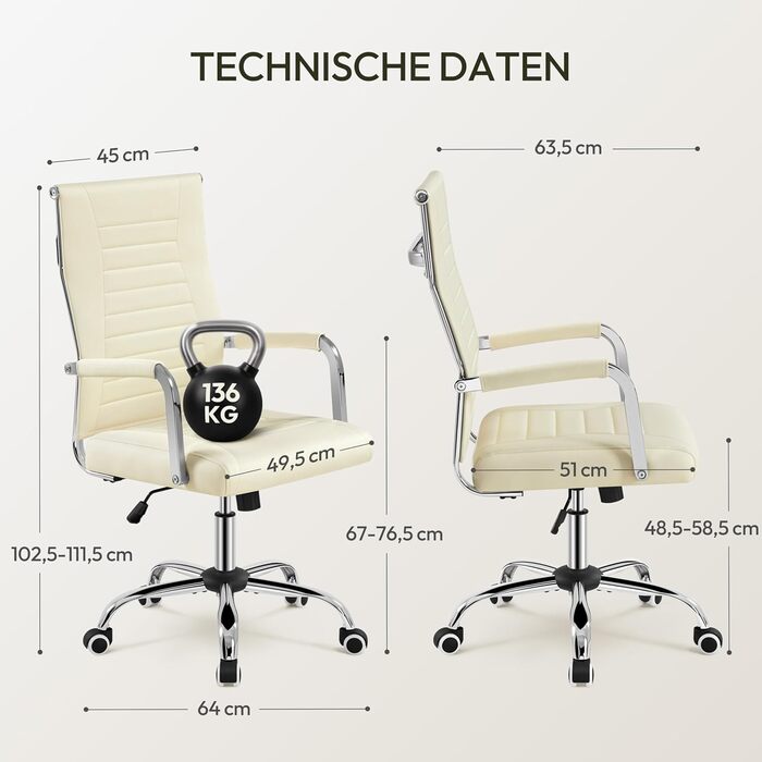 Офісне крісло Yaheetech з підлокітниками, ергономічне, для офісу, комп'ютерне, для начальника, висока спинка, з функцією гойдання, до 136 кг, бежеве