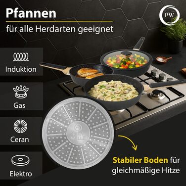 Набір сковорідок Pela Welle® Induktion, 5 предметів: 3 сковороди з покриттям та 2 кришки, чорний колір | Сковорода для індукційної плити, керамічне покриття, без PFOA, PFAS, PTFE