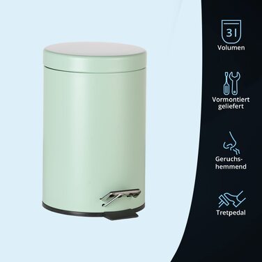Сміттєвий відер з педаллю KHG Kosmetik 3 л, алюмінієвий, матовий м'ятний колір, з виймаючим внутрішнім відром для ванної кімнати, офісу та кухні