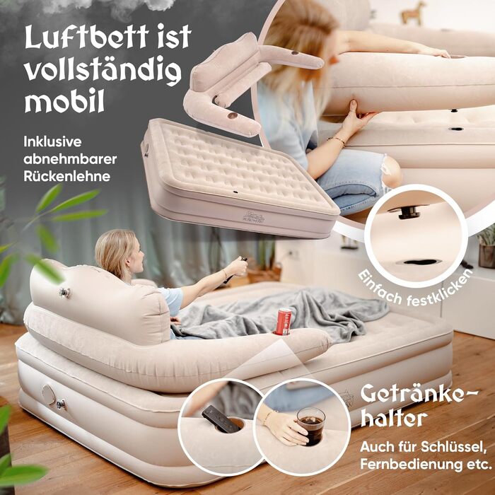 Надувне ліжко для 2 осіб [3-в-1 система] | Елегантне гостьове та кемпінгове ліжко | Надувна матрац з електропомпою 150x200 | Самостійно надувна повітряна матрац для 2 осіб, бежевий