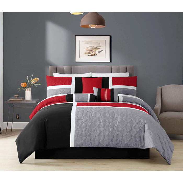 Комплект постільної білизни Chezmoi Collection Upland, 7-piece, Patchwork, для ліжка King Size (Oversized), червоно-сірий-чорний
