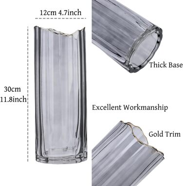 Висока скляна ваза для квітів, велика ваза-циліндр для декору столу (сіра, 12x12x30 см)