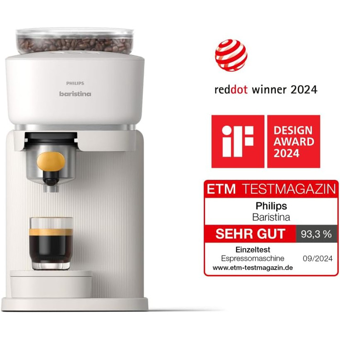 Philips Baristina Espresso Machine - Real Espresso, made simple. Compact coffee machine, Natural White with mango yellow portafilter, 16-bar pump pressure, automatic grinder, Cafe Crema (BAR300/03)