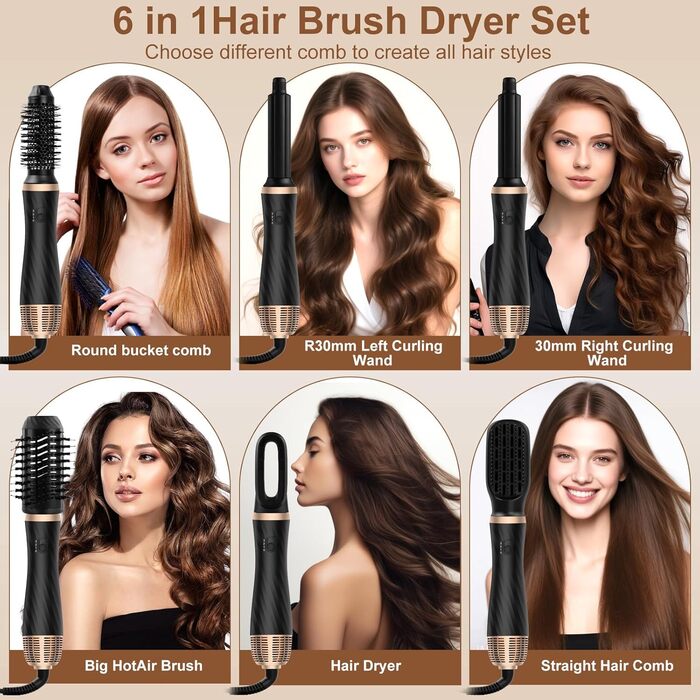 Набір для укладки волосся 6 в 1: локони, об'єм, випрямлення, сушка, чорний
