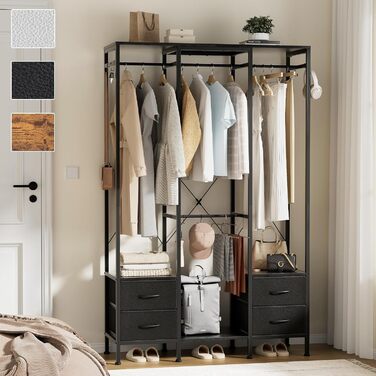 Відкрита шафа для одягу, вішалка для одягу, гардеробна стійка з 4 шухлядами, стабільна вішалка для спальні, вітальні, передпокою (Чорний)