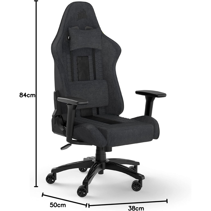 Ігрове крісло Corsair TC100 Relaxed, тканинне, ергономічне, з лендепідтримкою та подушкою з пам'яттю, регульовані підлокітники, сірий/чорний, сталевий каркас
