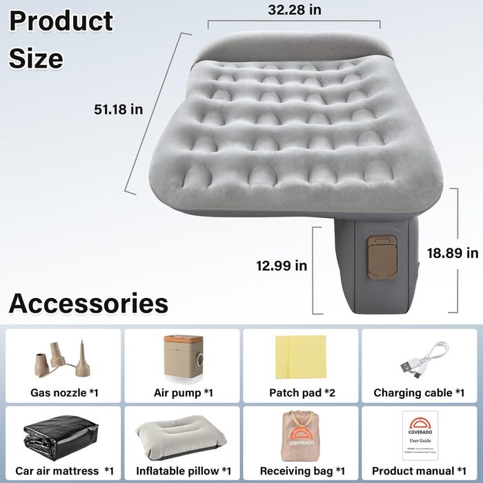 Автоматичний надувний матрац для заднього сидіння авто Coverado - сірий, універсальний, з вбудованим насосом та подушками