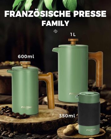 Poliviar French Press Coffee Maker 1 Liter/8 Cups, Double-Walled Insulated Coffee Carafe and Teapot, Manual Filter Coffee Press with Plunger & Wooden Handle, Flatland (Green) JX2020-FPN-DE 1000ml Wild Green