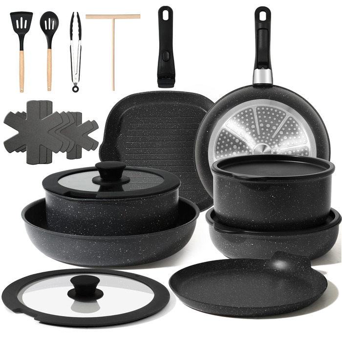 Набір каструль та сковорідок Induktion GMISUM 22 шт. з знімними ручками, для всіх типів плит, чорний