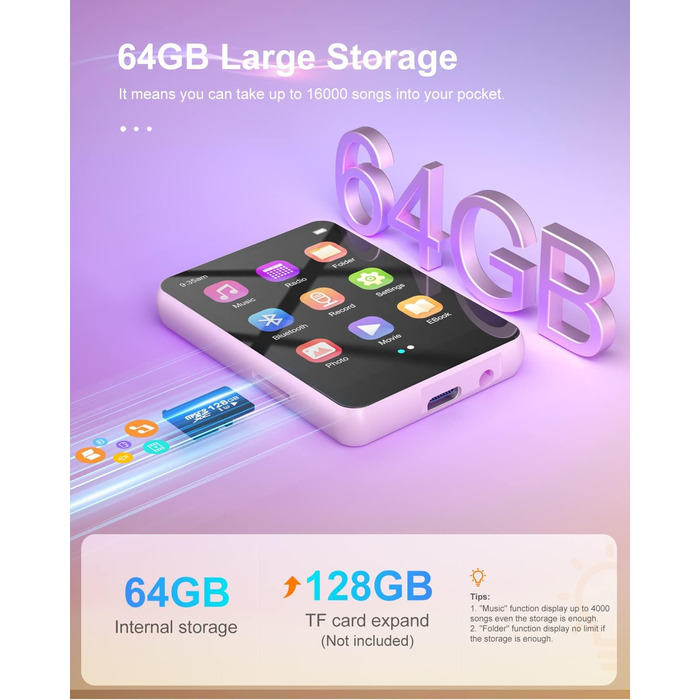 MP3 плеєр 64GB Bluetooth 5.3 HiFi, з радіо FM, диктофоном, металевим корпусом та сенсорним екраном 2.4