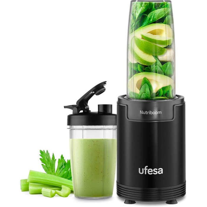 Ufesa BS2500 Nutriboom Single-Cup Mixer, multifunctional nutrient extractor, 900W power, smoothies and shakes, incl. 6 accessories, stainless steel blades, black 900W sports 0.5L-0.8L