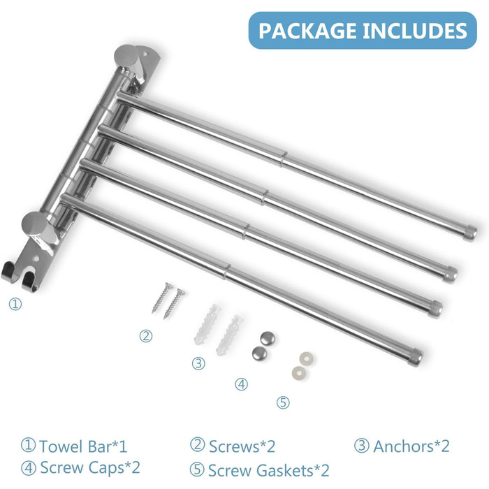 Тримач для рушників JSVER поворотний на 180°, з нержавіючої сталі 304, з 3 висувними рушниками до 50 см, для кухні, ванної кімнати, гардеробу, монтаж на стіну (срібло)