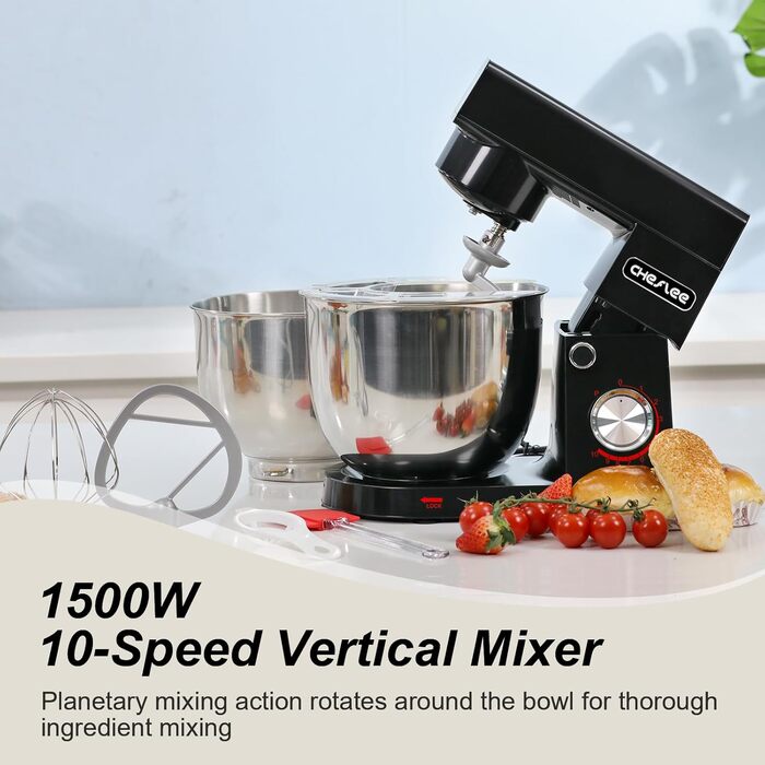 Кухонна машина Cheflee 1500W з чашами 4.5L та 5.5L з нержавіючої сталі, 10+ швидкостей, міксер з гаками для тіста та вінчиком, сплеск-захист (Чорний)