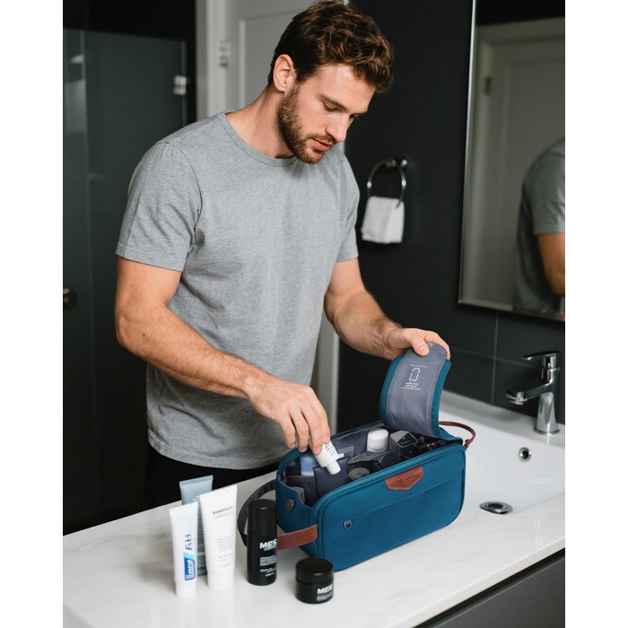 Чоловіча дорожня косметичка ECOHUB, водонепроникна, з великим відділенням та відділенням для мокрих речей, з переробленого PET, з двома блискавками, для подорожей (блакитно-зелений)