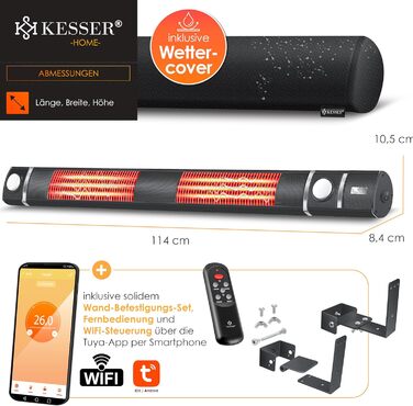 Інфрачервовий обігрівач KESSER® 3000W з LED-підсвічуванням та Wi-Fi, для тераси, кафе, ресторану. Настінний кварцовий обігрівач, антрацит