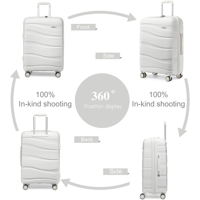 KONO Чемодан середнього розміру 65см з поліпропілену, з TSA замком, 65x46x26.5см (Крем-білий)