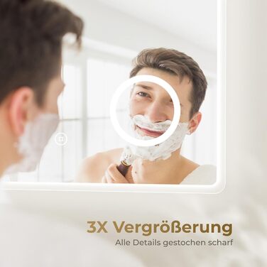 Дзеркало для ванної кімнати з підсвічуванням LED 80x60 см, регульоване, 3 кольори світла (3000K/4000K/6500K), антизапарник, вертикальна/горизонтальна установка, з 3x збільшенням