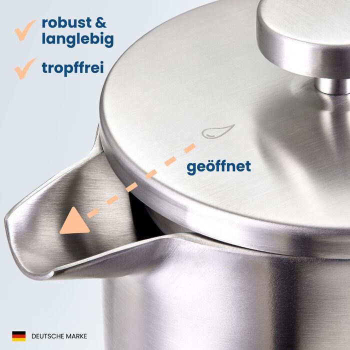 Френч-прес 600 мл з нержавіючої сталі, з підігрівом, 3 фільтри, пробка-підставка, для миття в посудомийній машині, преміум-якість, двостінний, срібний