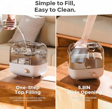 Зволожувач повітря BEAR 5L з верхнім наповненням, 360° регульована насадка, ультразвуковий, 28dB, для дітей та рослин, 35 годин роботи, з підсвічуванням, автовимкнення, білий