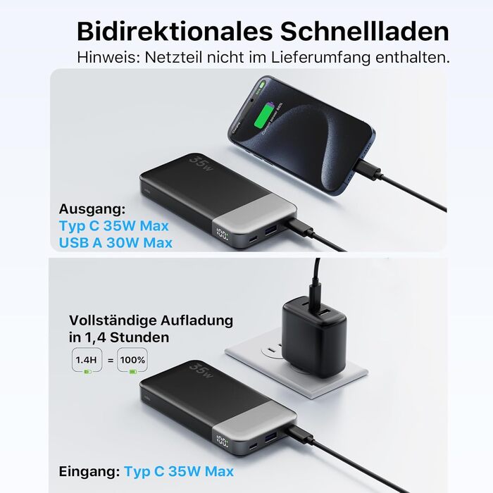 Power Bank Nobis 35W 10000mAh з цифровим дисплеєм, 2 USB-C, 1 USB-A (Чорний)