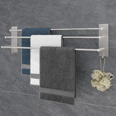 Тримач для рушників Vista з 3-ма перекладинами, 75 см, SUS304 нержавіюча сталь, без свердління, з двома гачками, сріблястий, для ванної, кухні, спальні