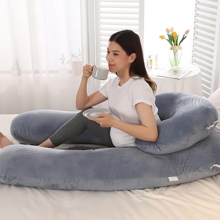 Подушка для вагітних Caliyo 2 шт. U-подібної форми, для сну на боці, з чохлом, велика подушка для годування, подушка для вагітних та комфортна подушка для дорослих (сірий, кристалевий велюр)